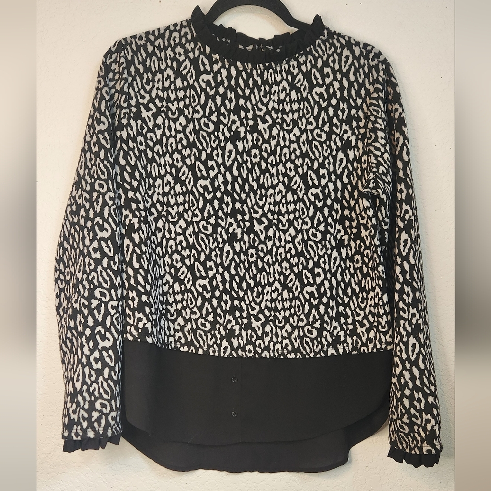 Ella Black and White Leopard Print Sweater with Sheer Shirt Style Bottom, Size M
